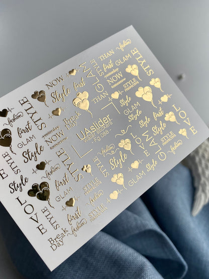 Nálepky na nehty Fg-088 | Zlaté fóliové vodní nálepky na nehty | Styl Glam a citáty o lásce