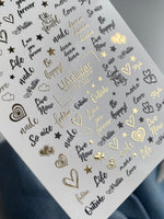 Nail Water Decal CF-056 | Love Quotes Nail Water Decals | Gold & Black Script Letters with Hearts - UASLIDER