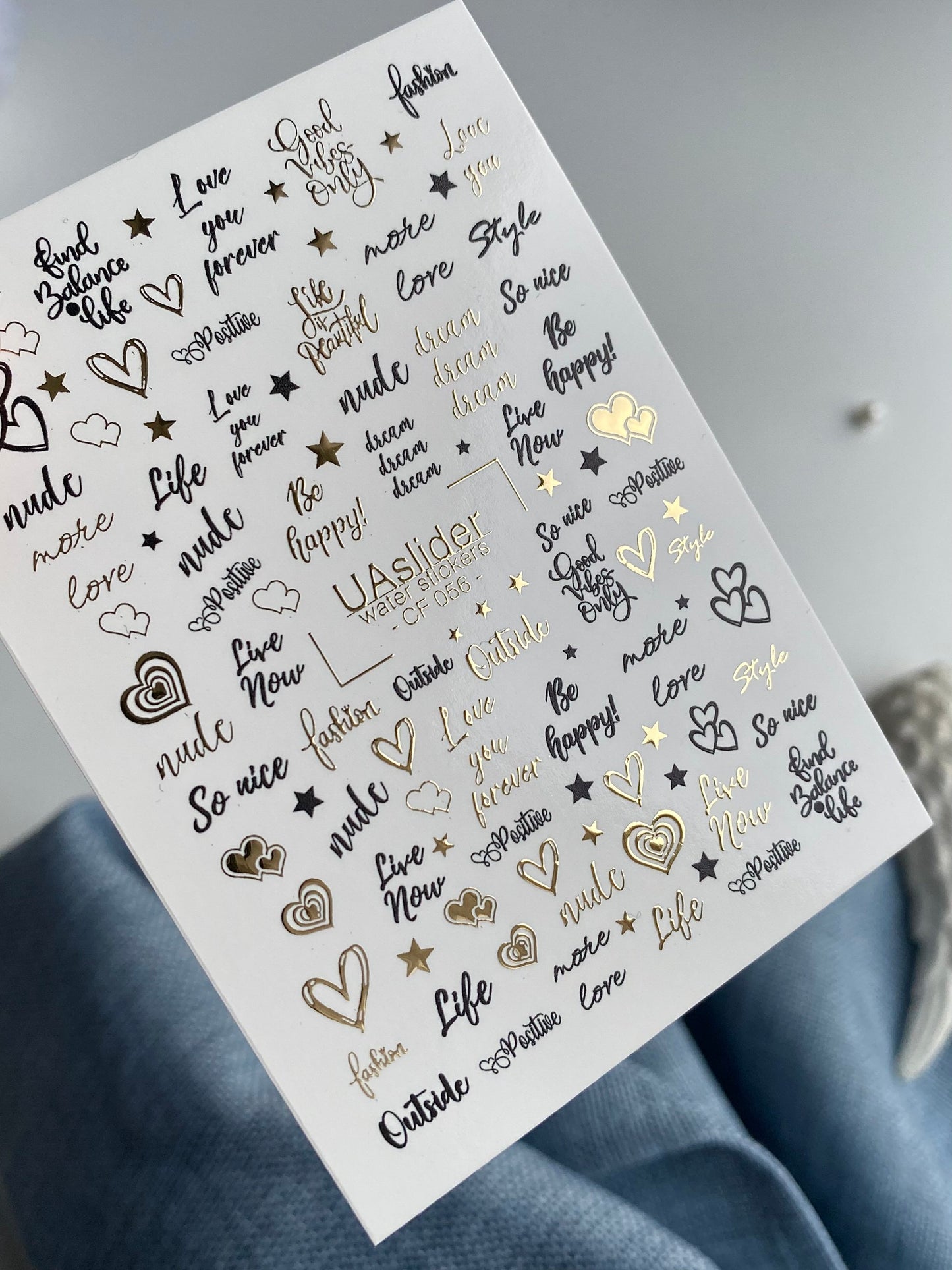 Nail Water Decal CF-056 | Love Quotes Nail Water Decals | Gold & Black Script Letters with Hearts