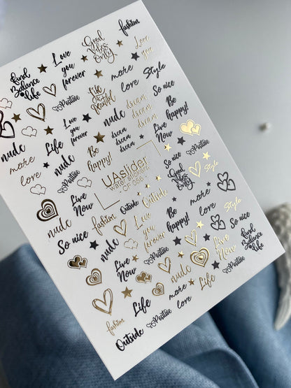 Nail Water Decal CF-056 | Love Quotes Nail Water Decals | Gold & Black Script Letters with Hearts