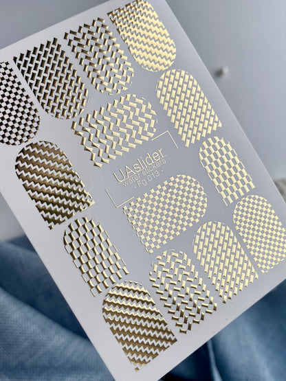 Decalcomanii de apă pentru unghii Fg-013 | Decalcomanii geometrice pentru unghii cu folie aurie | Modele complete pentru unghii