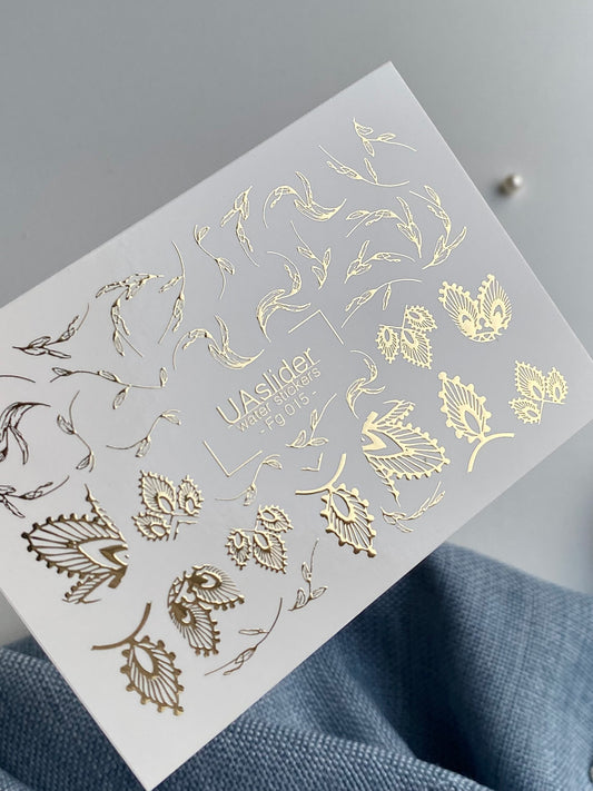 Nail Water Decal Fg-015 | Botanical Water Slide Nail Decals with Gold Foil | Elegant Leaf Designs