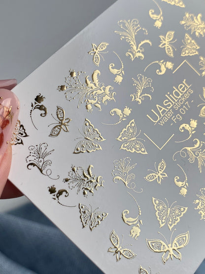 Nail Water Decal Fg-017 | Butterfly Water Slide Nail Decals with Gold Foil | Ornamental Elegant Designs
