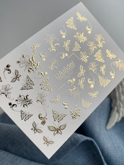 Nail Water Decal Fg-017 | Butterfly Water Slide Nail Decals with Gold Foil | Ornamental Elegant Designs