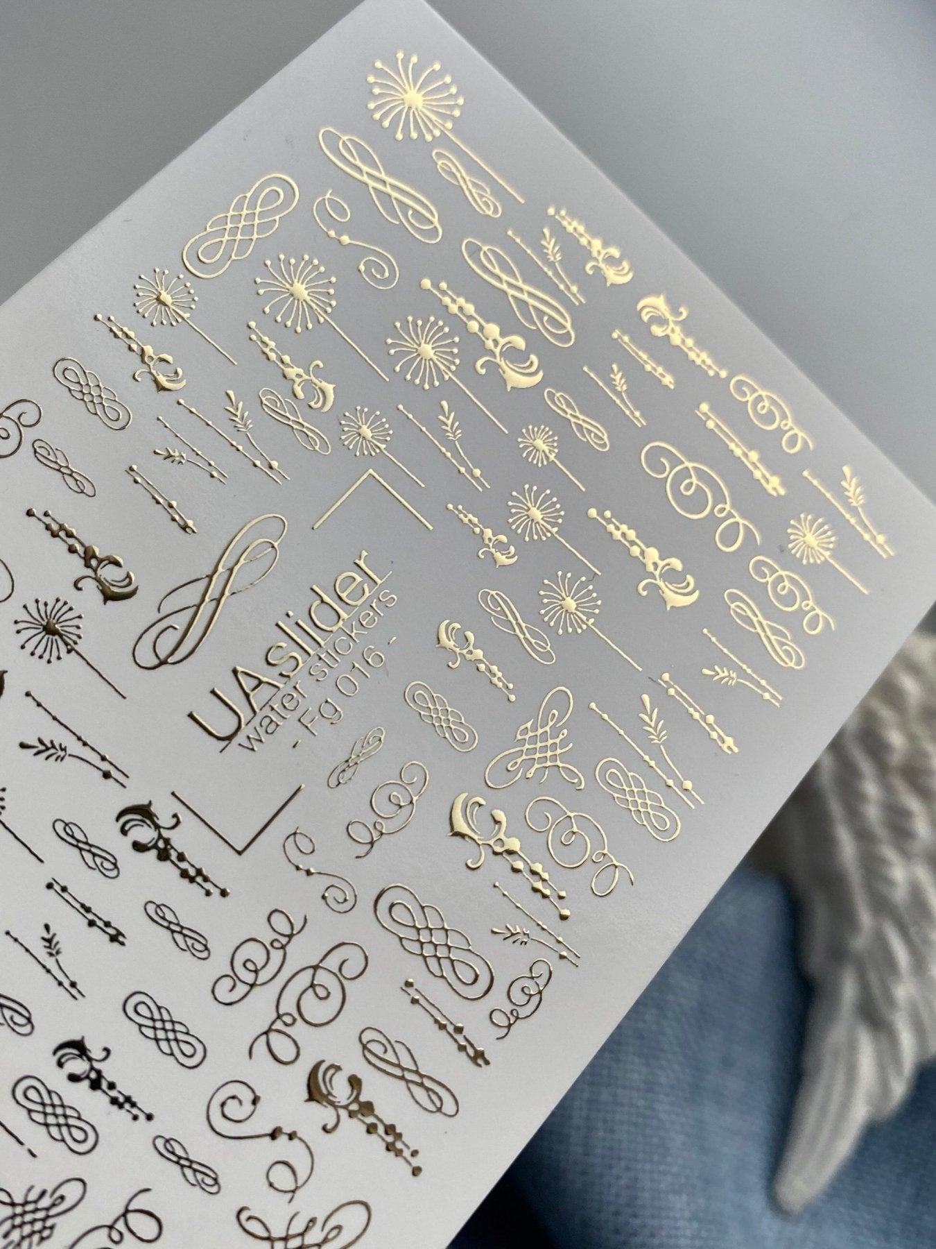Nail Water Decal Fg-016 | Elegant Water Slide Nail Decals with Gold Foil | Swirls & Calligraphy Ornaments - UASLIDER
