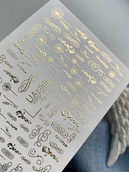 Naklejki na paznokcie wodne Fg-016 | Eleganckie wodne naklejki na paznokcie z złotą folią | Zawijasy i ozdoby kaligraficzne