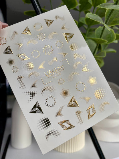 Nail Water Decal Fg-025 | Abstract Water Slide Nail Decals with Gold Foil | Geometric Shapes & Spirals