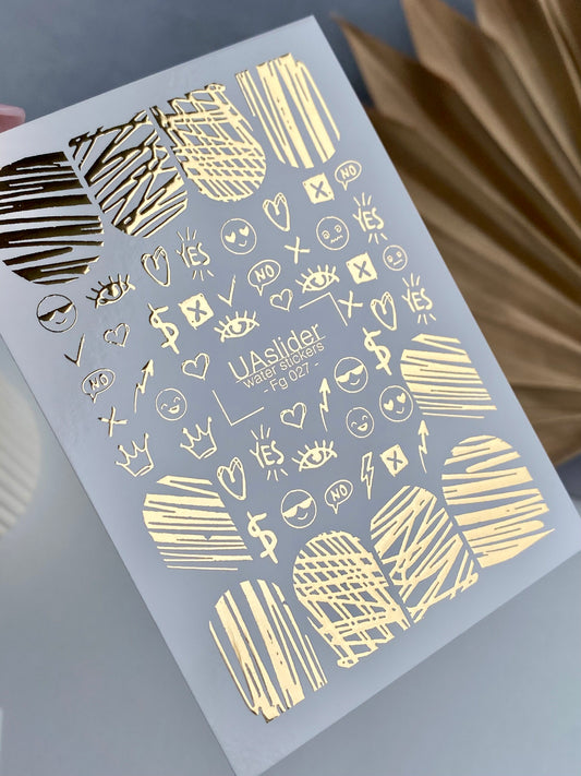 Nail Water Decal Fg-027 | Abstract Water Slide Nail Decals with Gold Foil | Full Nail Textures & Fun Icons