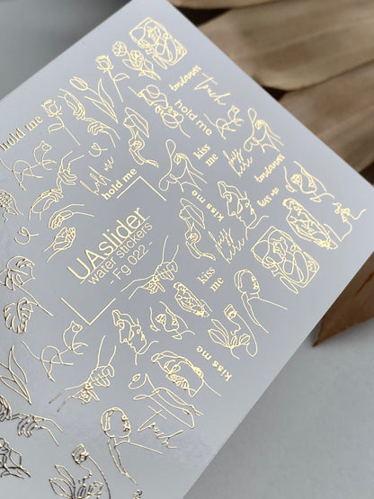 Nail Water Decal Fg-022 | Minimalist Line Art Water Slide Nail Decals with Gold Foil | Faces, Hands & Words