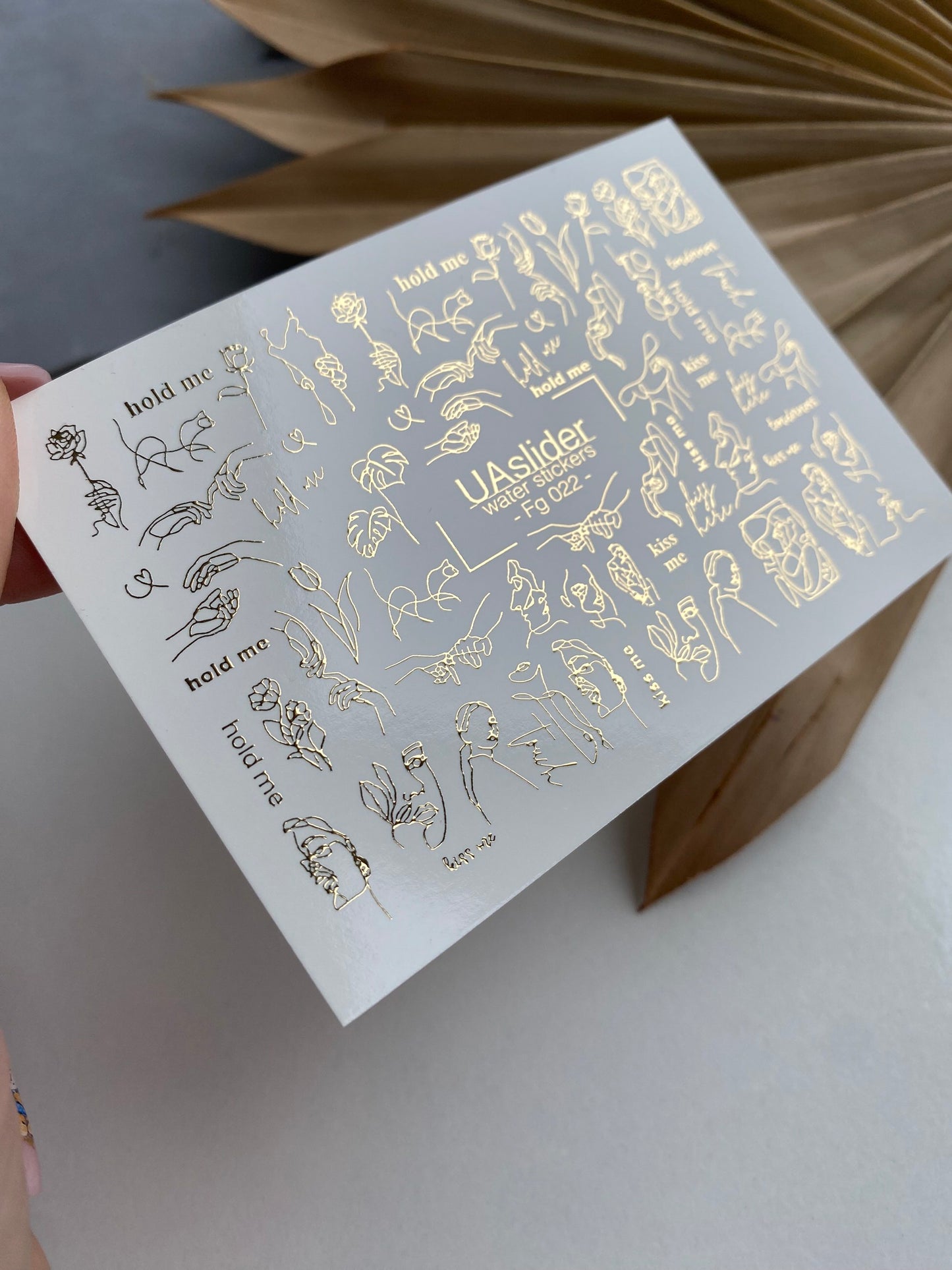 Nail Water Decal Fg-022 | Minimalist Line Art Water Slide Nail Decals with Gold Foil | Faces, Hands & Words