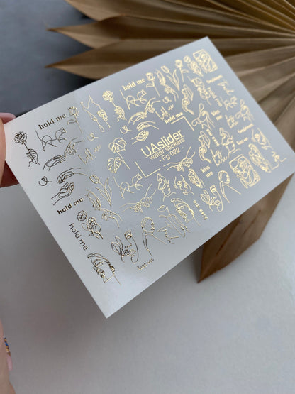 Nail Water Decal Fg-022 | Minimalist Line Art Water Slide Nail Decals with Gold Foil | Faces, Hands & Words