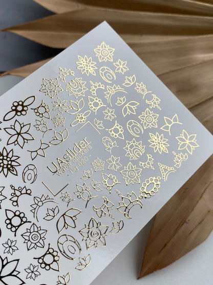 Nail Water Decal Fg-020 | Floral Water Slide Nail Decals with Gold Foil | Lotus & Mandala Flowers