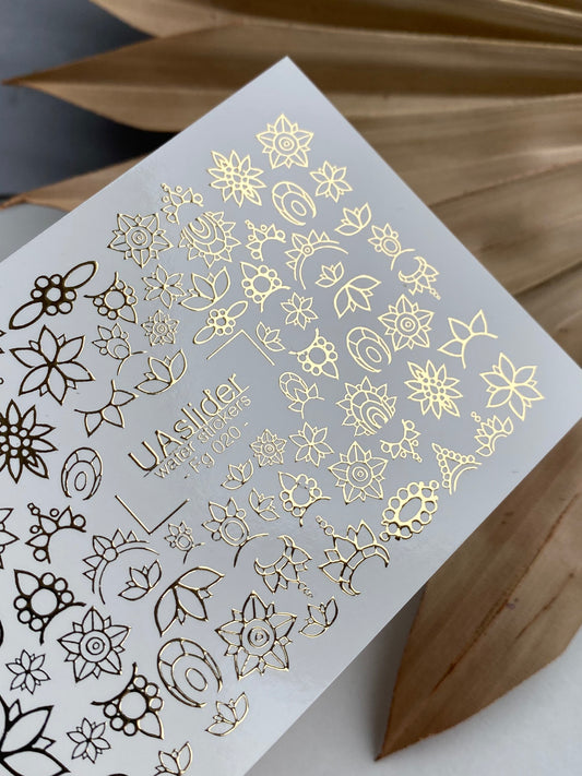 Nail Water Decal Fg-020 | Floral Water Slide Nail Decals with Gold Foil | Lotus & Mandala Flowers