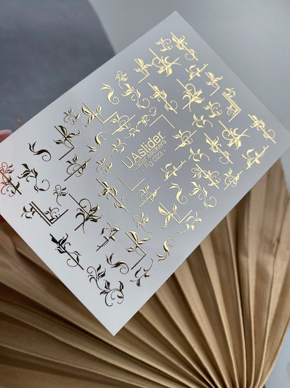 Nagel Water Decal Fg-023 | Decoratieve Water Slide Nagel Decals met Goudfolie | Elegante Krullen & Bloemenmotieven