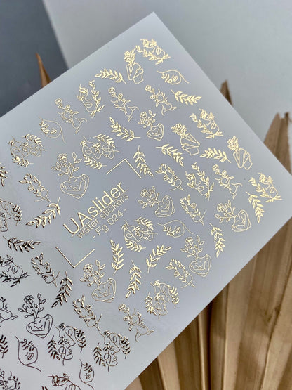 Nail Water Decal Fg-024 | Minimalist Water Slide Nail Decals with Gold Foil | Faces, Flowers & Botanical Motifs