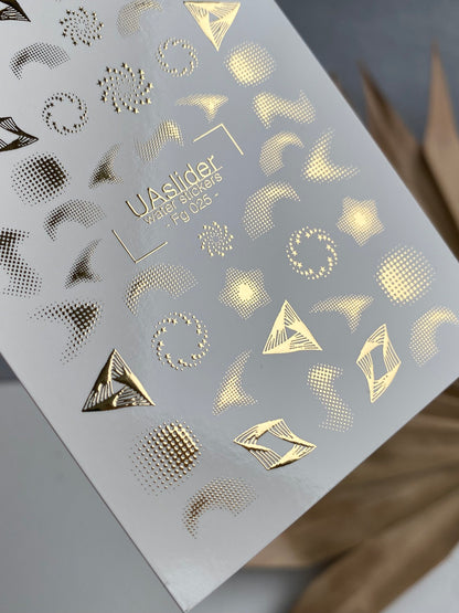 Nail Water Decal Fg-025 | Abstract Water Slide Nail Decals with Gold Foil | Geometric Shapes & Spirals