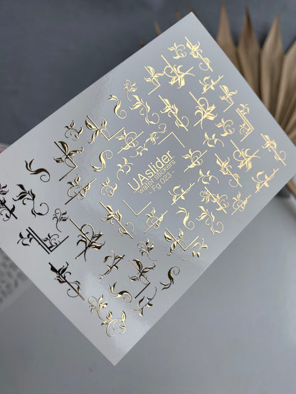 Nagel Water Decal Fg-023 | Decoratieve Water Slide Nagel Decals met Goudfolie | Elegante Krullen & Bloemenmotieven