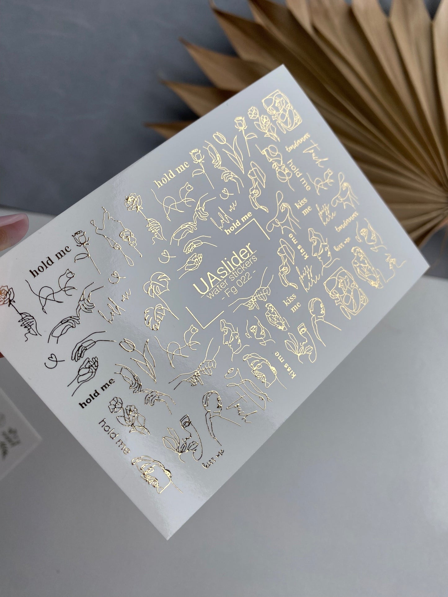 Nail Water Decal Fg-022 | Minimalist Line Art Water Slide Nail Decals with Gold Foil | Faces, Hands & Words