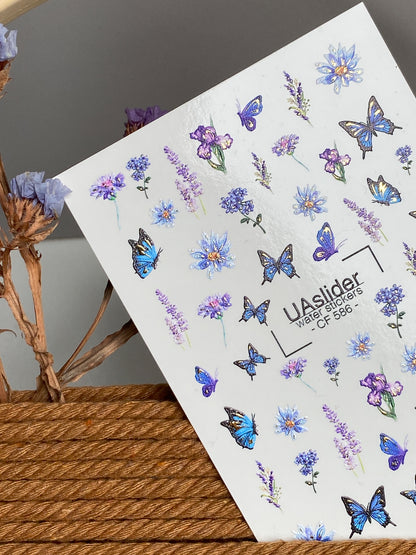 Adesivi per unghie ad acqua CF-586 | Adesivi per unghie a scivolamento ad acqua con fiori blu e farfalle | Adesivi per unghie lavanda e fiordaliso