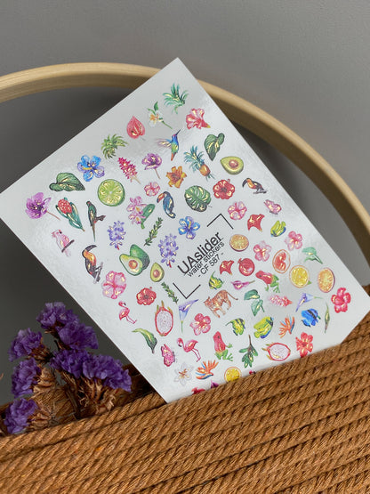 Nail Water Decal CF-587 | Tropical Nail Water Decals with Exotic Flowers and Fruits | Flamingo, Toucan & Hummingbird Nail Stickers