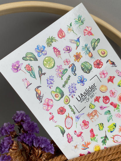 Nail Water Decal CF-587 | Tropical Nail Water Decals with Exotic Flowers and Fruits | Flamingo, Toucan & Hummingbird Nail Stickers