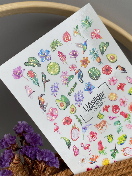 Nail Water Decal CF-587 | Tropical Nail Water Decals with Exotic Flowers and Fruits | Flamingo, Toucan & Hummingbird Nail Stickers