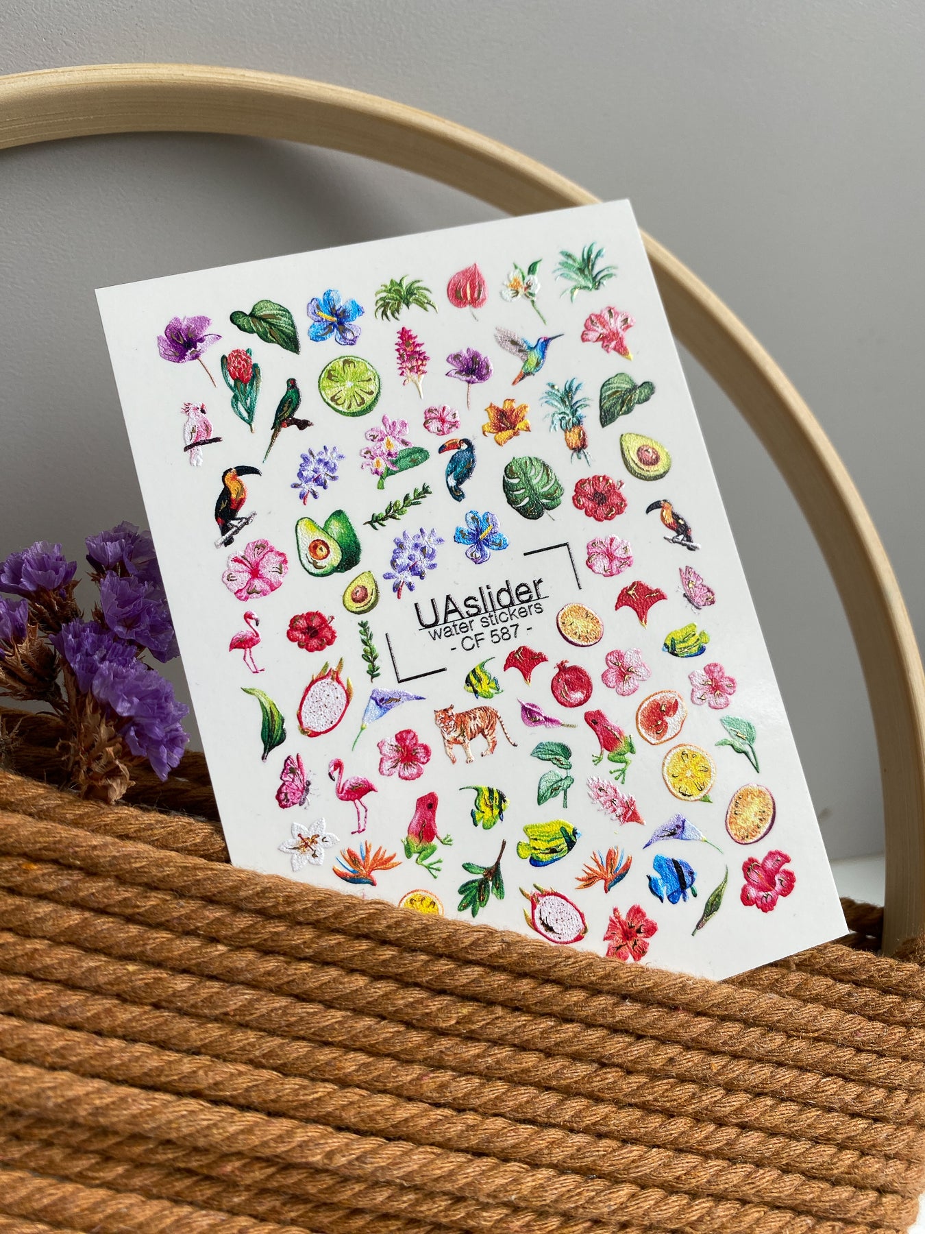 Nail Water Decal CF-587 | Tropical Nail Water Decals with Exotic Flowers and Fruits | Flamingo, Toucan & Hummingbird Nail Stickers