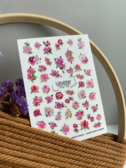 Adesivo per unghie ad acqua NCg-038 | Adesivi per unghie ad acqua floreali | Rose rosa e peonie