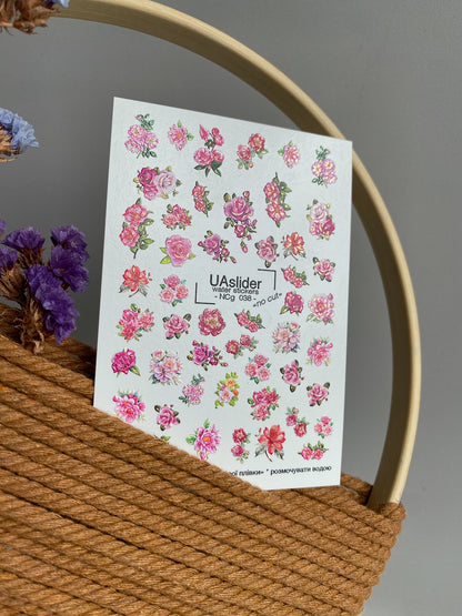 Adesivo per unghie ad acqua NCg-038 | Adesivi per unghie ad acqua floreali | Rose rosa e peonie