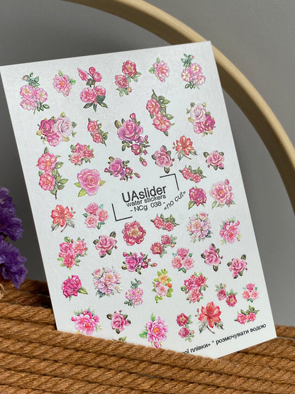 Adesivo per unghie ad acqua NCg-038 | Adesivi per unghie ad acqua floreali | Rose rosa e peonie