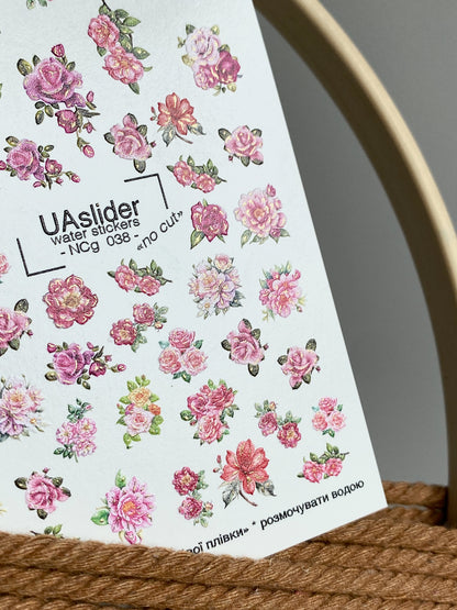 Adesivo per unghie ad acqua NCg-038 | Adesivi per unghie ad acqua floreali | Rose rosa e peonie