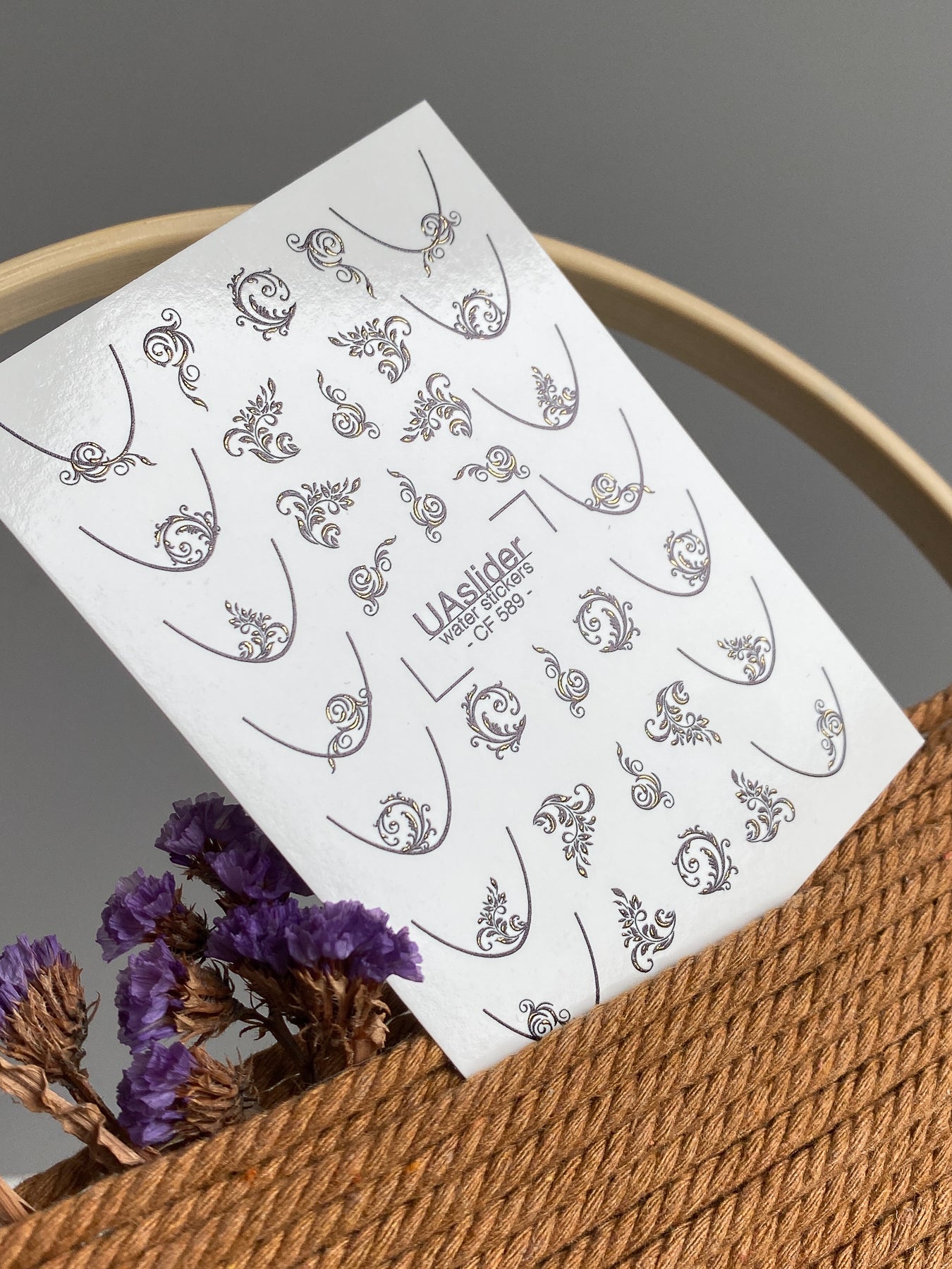 Nail Water Decal CF-589 | Elegant Nail Water Decals with Ornamental Swirls | Golden Pattern French Nail Stickers