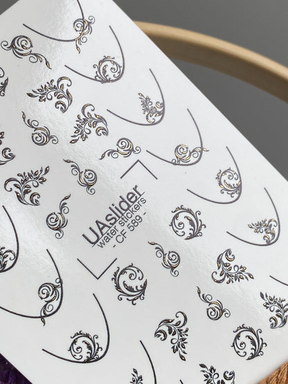 Nail Water Decal CF-589 | Elegant Nail Water Decals with Ornamental Swirls | Golden Pattern French Nail Stickers