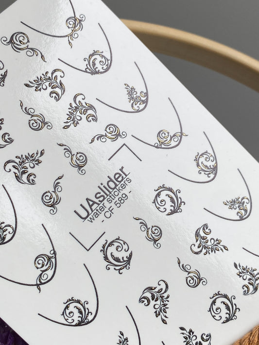 Nail Water Decal CF-589 | Elegant Nail Water Decals with Ornamental Swirls | Golden Pattern French Nail Stickers