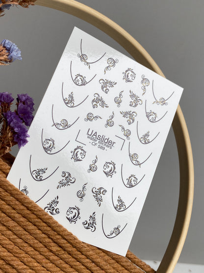 Nail Water Decal CF-589 | Elegant Nail Water Decals with Ornamental Swirls | Golden Pattern French Nail Stickers