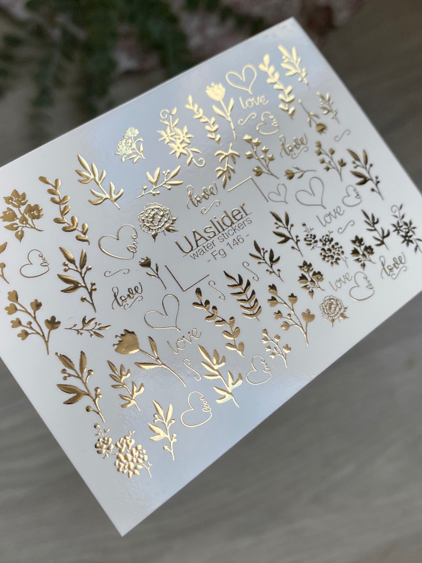 Nail Water Decal Fg-146 | Water Slide Nail Decals with Gold Love Writings and Floral Branches | Romantic Nail Art