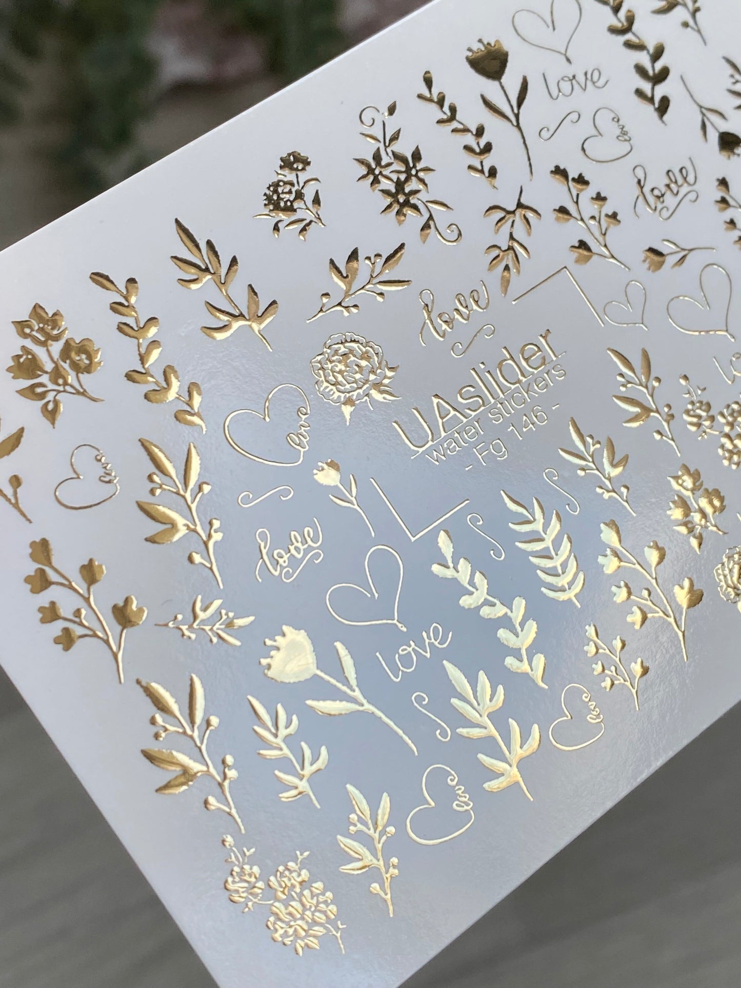 Nail Water Decal Fg-146 | Water Slide Nail Decals with Gold Love Writings and Floral Branches | Romantic Nail Art