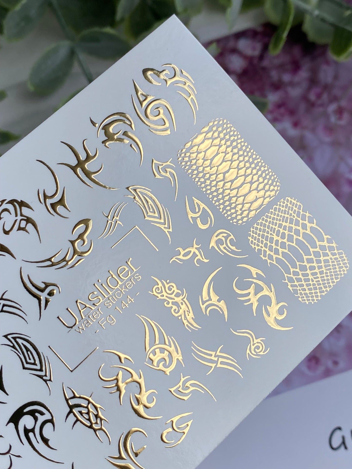 Nail Water Decal Fg-144 | Water Slide Nail Decals with Gold Tribal and Snake Skin Patterns | Edgy Nail Art