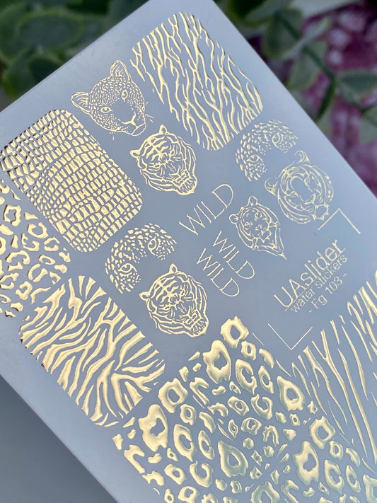 Nail Water Decal Fg-103 | Water Slide Nail Decals with Gold Animal Print | Wild Jungle Style