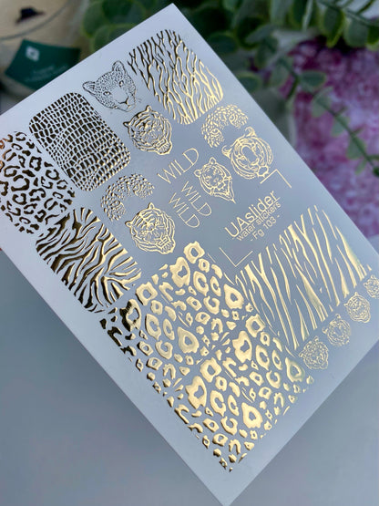 Nagų vandens lipdukas Fg-103 | Vandens slydimo nagų lipdukai su auksiniu gyvūnų raštu | Laukinio džiunglių stiliaus