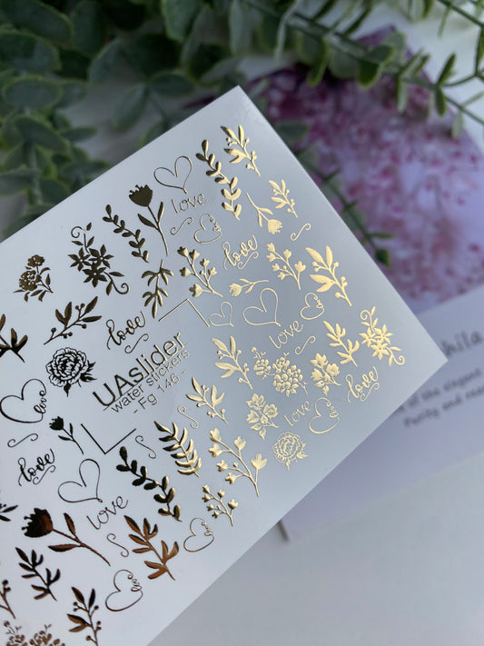 Nail Water Decal Fg-146 | Water Slide Nail Decals with Gold Love Writings and Floral Branches | Romantic Nail Art