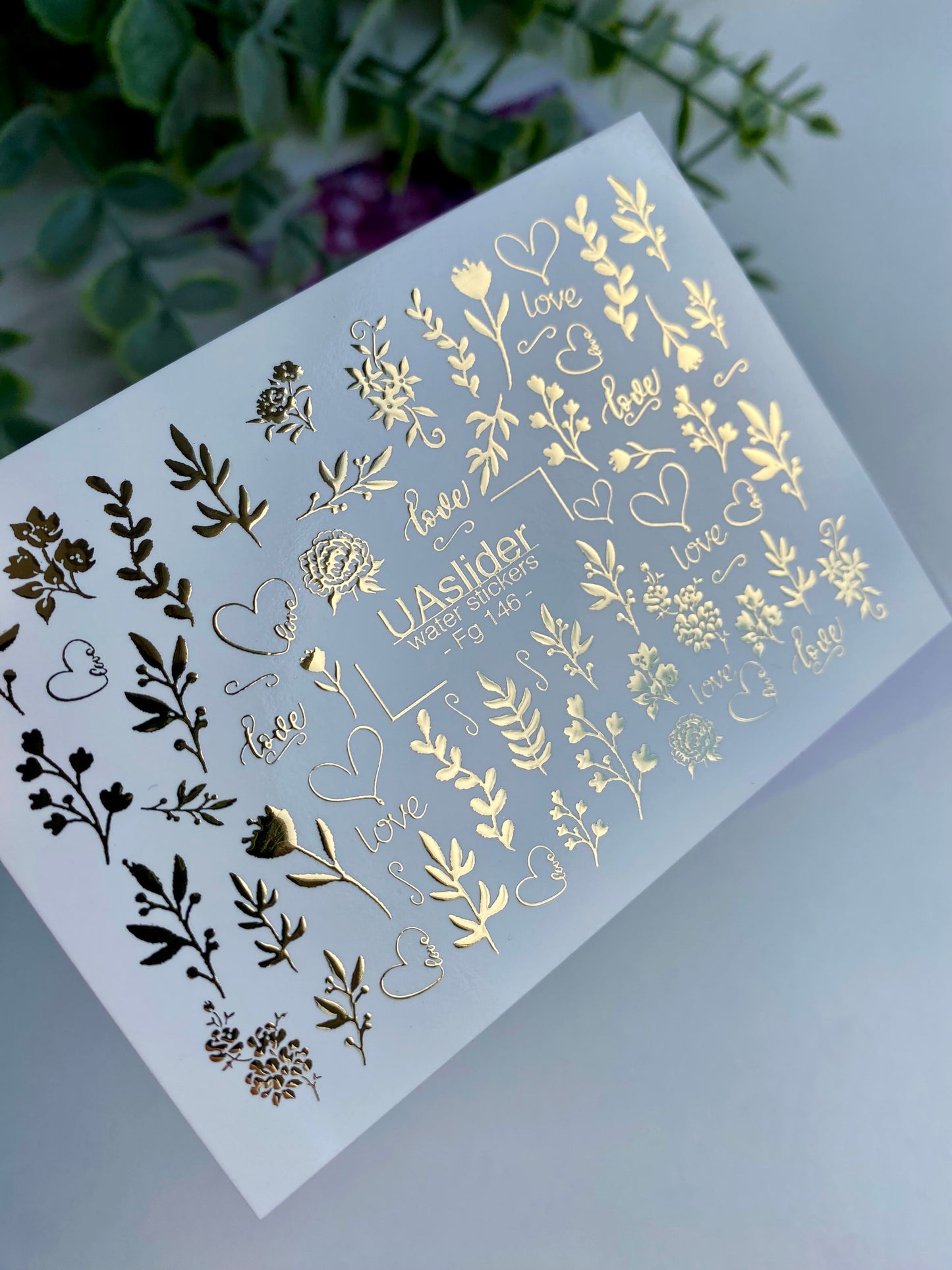Nail Water Decal Fg-146 | Water Slide Nail Decals with Gold Love Writings and Floral Branches | Romantic Nail Art