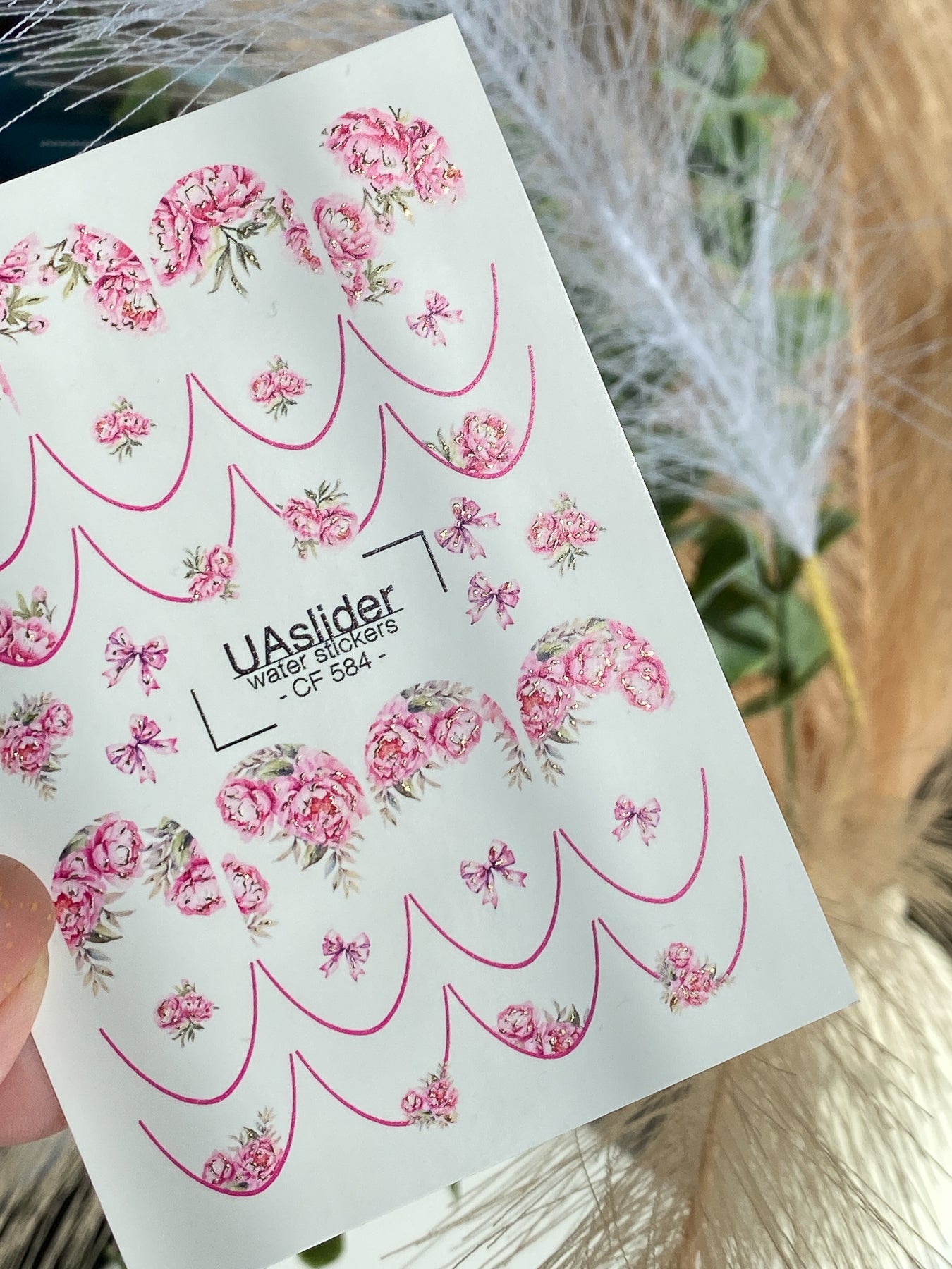 Nail Water Decal CF-584 | Water Slide Nail Decals with Pink Peonies and Bows | Elegant Floral Nail Stickers