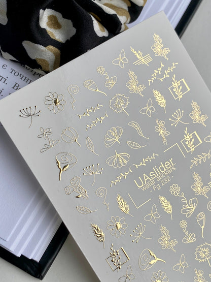 Köröm víz matrica Fg-232 | Vízsikló köröm matricák | Arany fólia virágok és pillangók