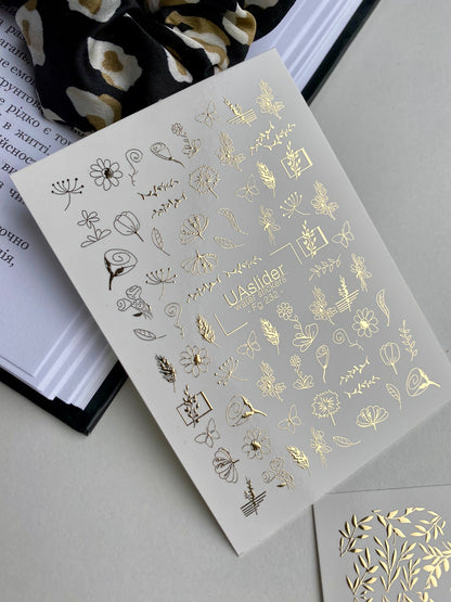 Köröm víz matrica Fg-232 | Vízsikló köröm matricák | Arany fólia virágok és pillangók