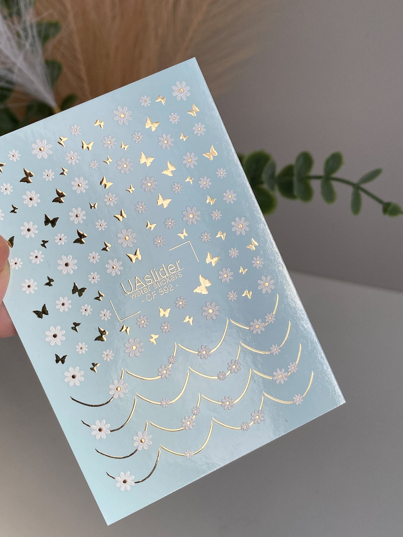 Nail Water Decal CF-592 | White Floral Nail Water Decals with Gold Butterflies | Elegant French Design Stickers - UASLIDER