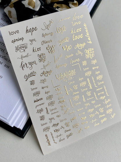 Nail Water Decal Fg-228 | Water Slide Nail Decals | Gold Foil Love & Kiss Quotes