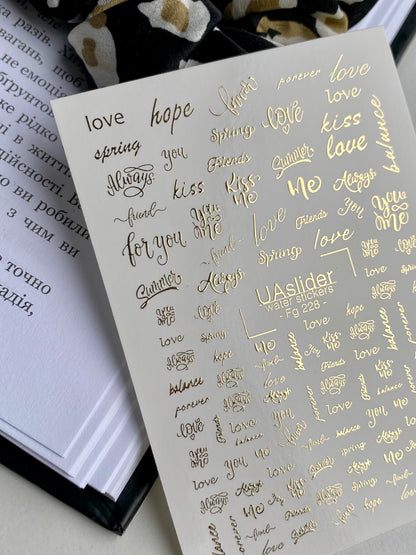 Nail Water Decal Fg-228 | Water Slide Nail Decals | Gold Foil Love & Kiss Quotes
