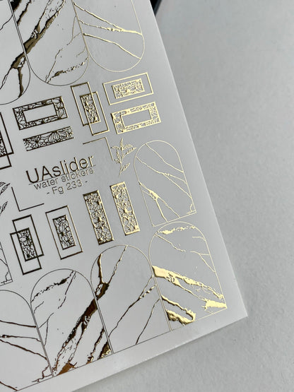 Nail Water Decal Fg-233 | Water Slide Nail Decals | Gold Foil Marble Texture & Accents