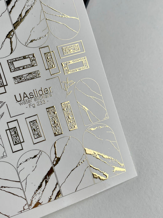 Nail Water Decal Fg-233 | Water Slide Nail Decals | Gold Foil Marble Texture & Accents